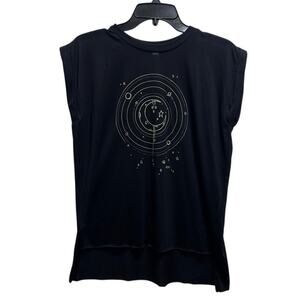 AKINZ Fly Me To The Moon Rolled Sleeve Top M Black Gold Lunar Star High Low Hem
